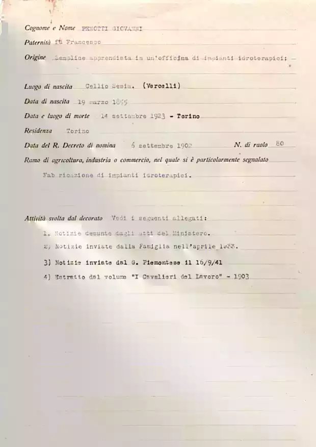 Scheda analitica Cavaliere del Lavoro