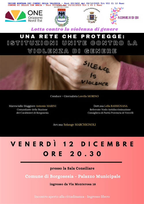 invito a serata di sensibilizzazione dal titolo "una rete che protegge: istituzioni unite contro la violenza di genere"